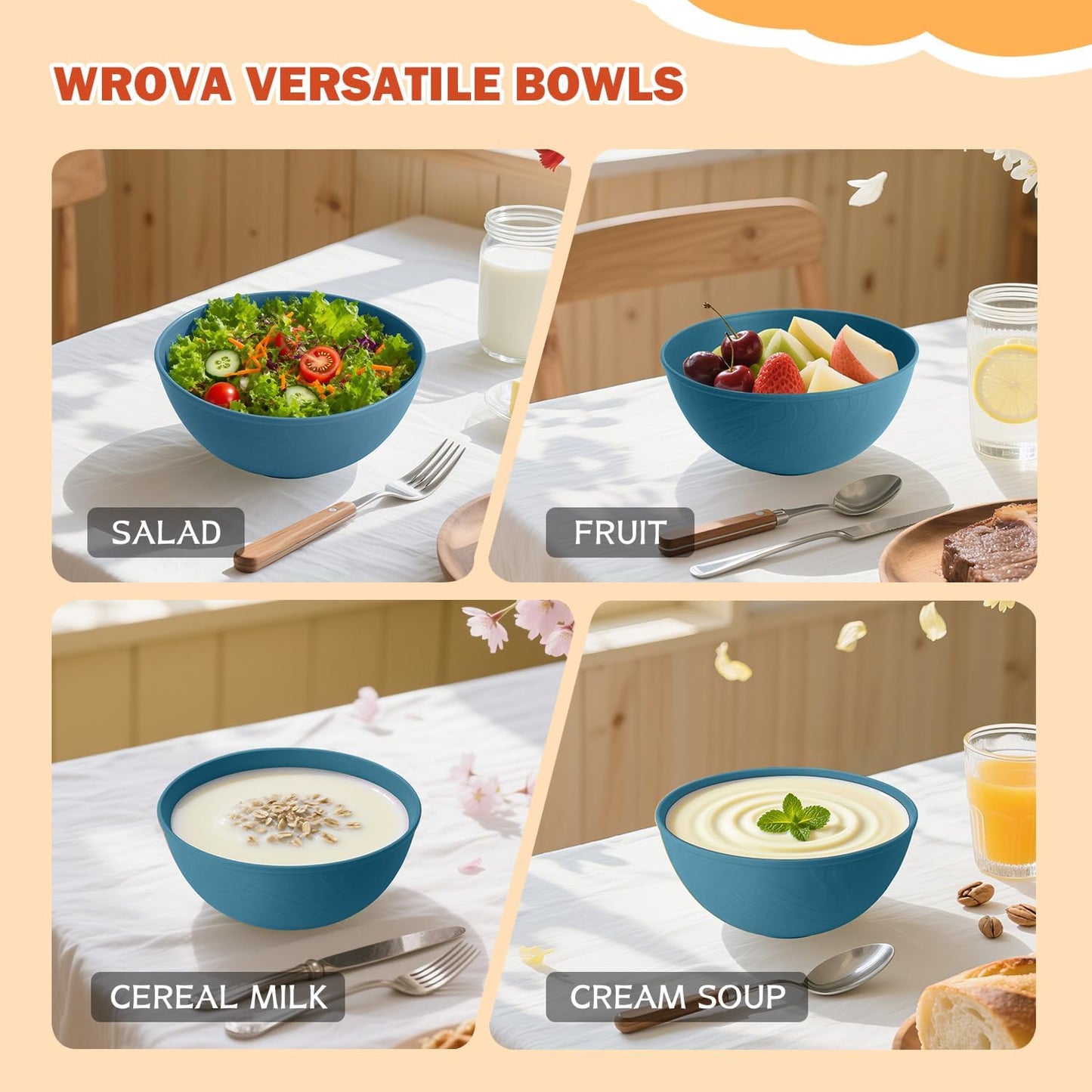 Wrova Wheat Straw Bowls for Kitchen set of 6,Anti-Scald Thick Soup Bowls 40oz,Microwave and Dishwasher Safe Bowl Sets, Unbreakable Cereal Bowl Sets. Vibrant Series