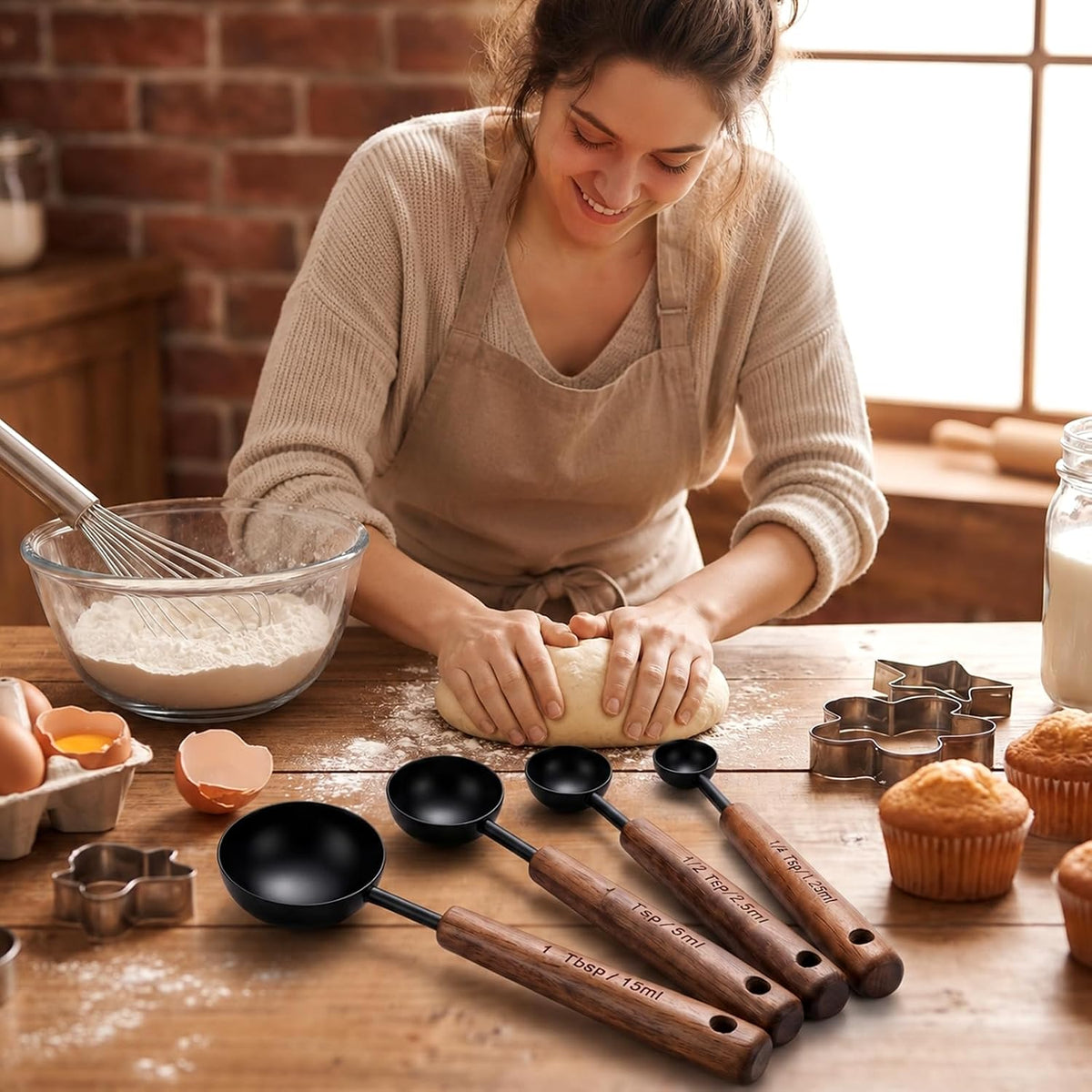 4 Pcs Wooden Handle Measuring Spoons, Black Stainless Steel Measuring Scoops Tablespoon Measure Cups for Kitchen Baking and Cooking (15ml, 5ml, 2.5ml, 1.25ml)