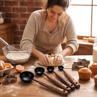 4 Pcs Wooden Handle Measuring Spoons, Black Stainless Steel Measuring Scoops Tablespoon Measure Cups for Kitchen Baking and Cooking (15ml, 5ml, 2.5ml, 1.25ml)