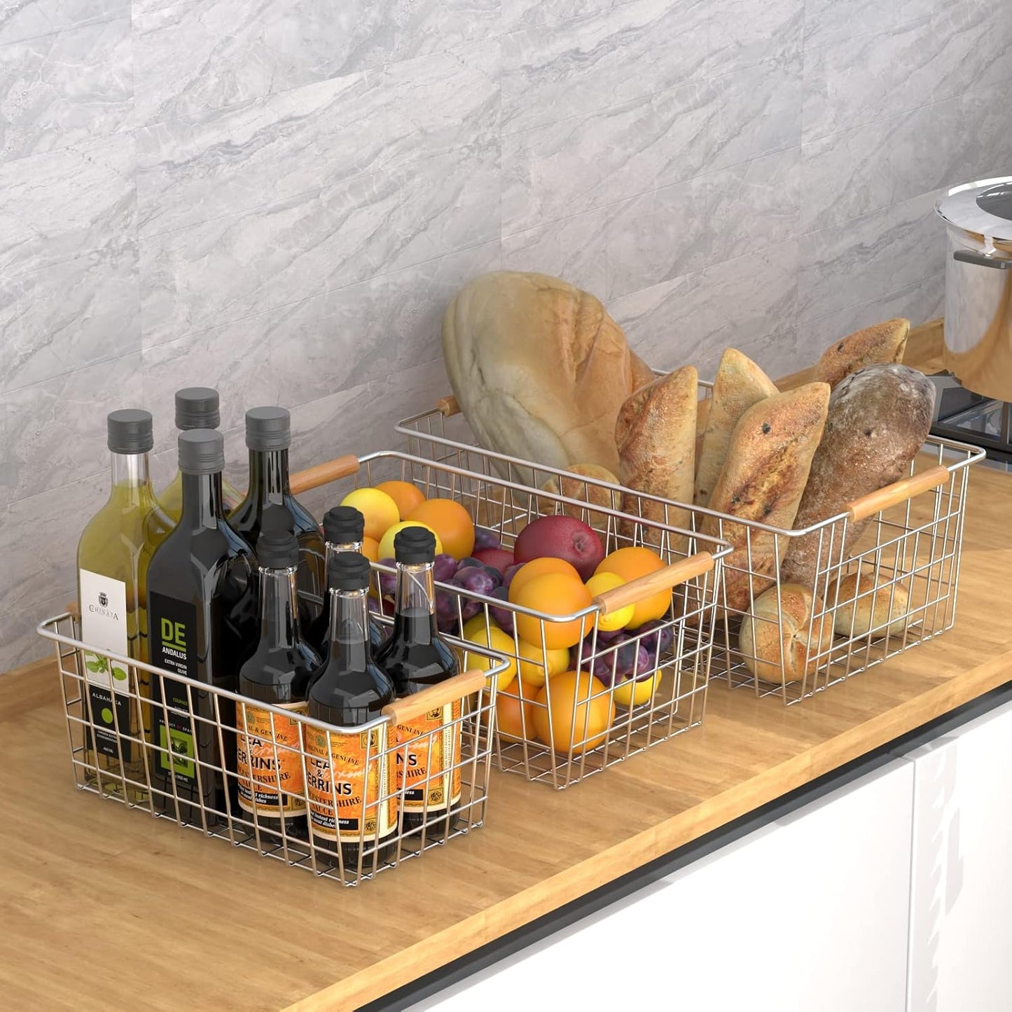 YOUVIP Wire Storage Baskets with Wooden Handles, 3 Pack Metal Organizer Baskets for Kitchen, Pantry, Freezer, Laundry,Farmhouse,Bathroom Baskets for Organizing,Black (1 Small, 1 Medium, 1 Large)