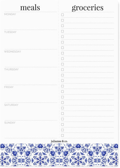 Weekly Magnetic Meal Planner Notepad By Julianne & Co - Food Planning Organizer And Grocery List Pad, 52 Premium A5 Pages, with Tear Away Perforated Shopping List (Blue China Print WITH Fridge Magnet)
