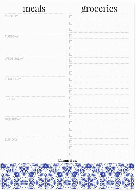 Weekly Magnetic Meal Planner Notepad By Julianne & Co - Food Planning Organizer And Grocery List Pad, 52 Premium A5 Pages, with Tear Away Perforated Shopping List (Blue China Print WITH Fridge Magnet)