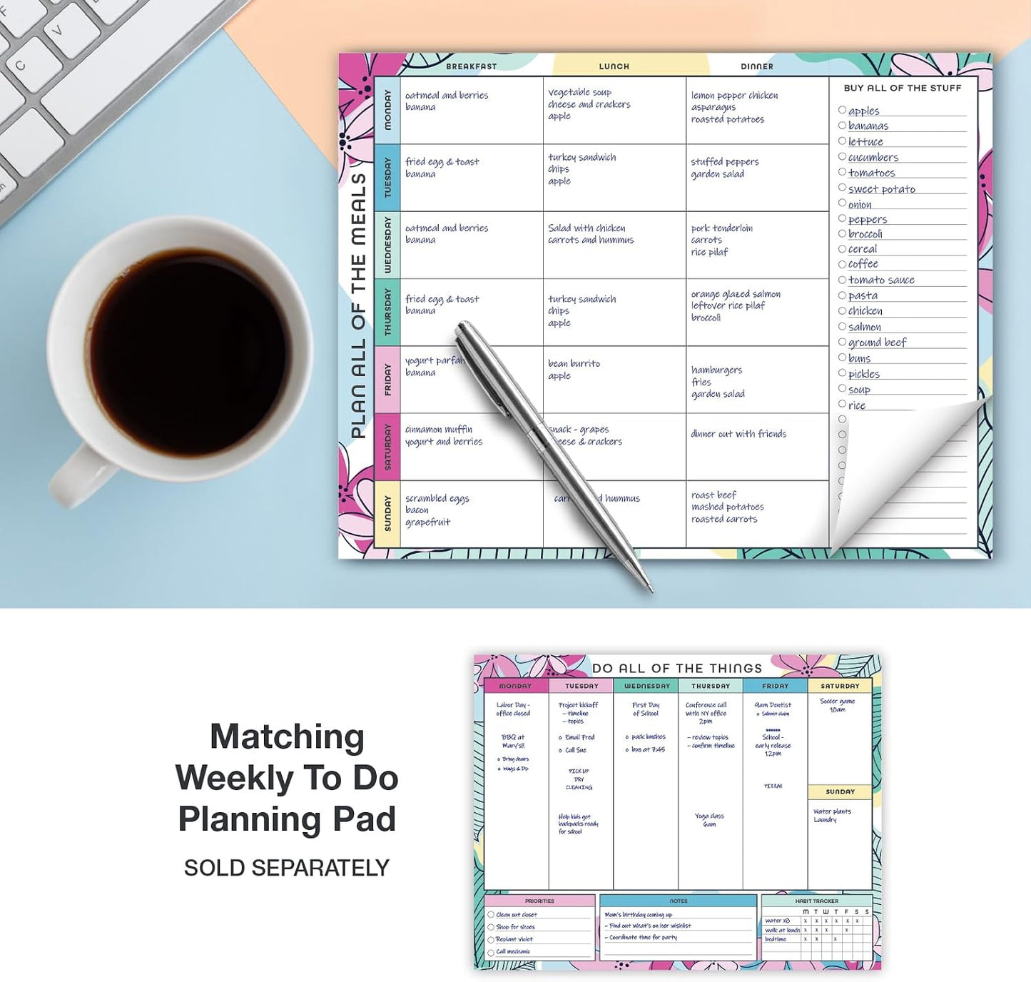 Global Printed Products 8.5" x 11" Horizontal Meal Planning Pad, 60-Sheets, Soft Pink Floral