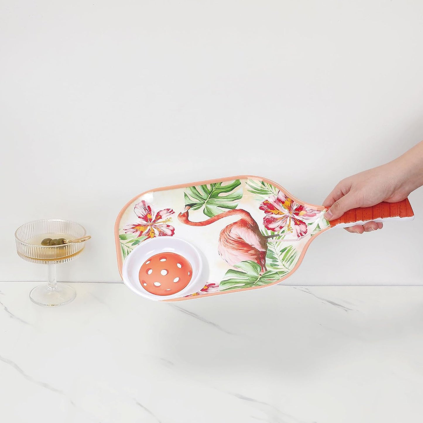 UPware Flamingo Melamine Chip and Dip Snack Tray, Tropical Floral Pickleball Paddle Shape Platter for Chips, Salsa, Fruits, and Appetizers, 15.75 x 8 Inch