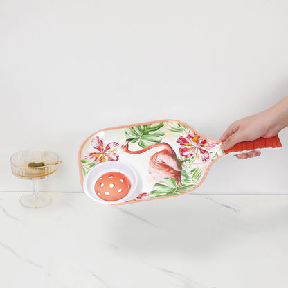 UPware Flamingo Melamine Chip and Dip Snack Tray, Tropical Floral Pickleball Paddle Shape Platter for Chips, Salsa, Fruits, and Appetizers, 15.75 x 8 Inch