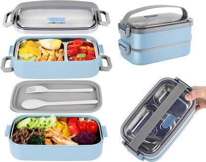 Stainless Steel Bento Box for Adults&Kids,Japanese Leakproof Lunch Box Divided Food Meal Storage Containers Set Stackable 2 Layer for Children School Picnic Beige