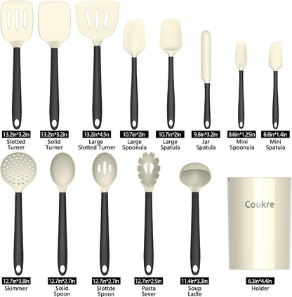 Coukre Silicone Kitchen Cooking Utensils Set, Heat Resistant, 14-Piece | Dishwasher-Safe, Food-Grade Silicone, BPA-Free, Spatulas, Spoons & Turner, Safe for Nonstick Cookware, Pure Black