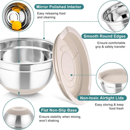 TeamFar Mixing Bowls, 5PCS Stainless Steel Nesting Salad Bowl with Lid & 3 Grater Attachments, for Prepping/Serving/Storing Food, Nontoxic, Airtight Lid & Non-slip Bottom - 4.6/3.5/2.5/1.5/1 QT