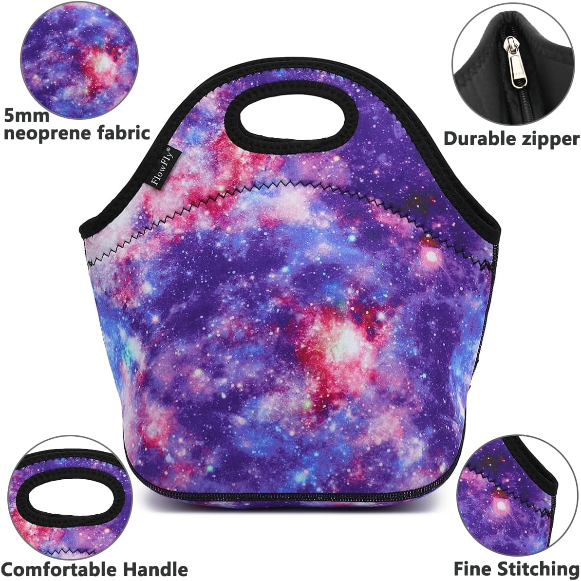 FlowFly Neoprene kids Lunch box Insulated Soft Bag Mini Cooler Thermal Meal Tote Kit for Boys, Girls,Men,Women,School,Work, Office,Black