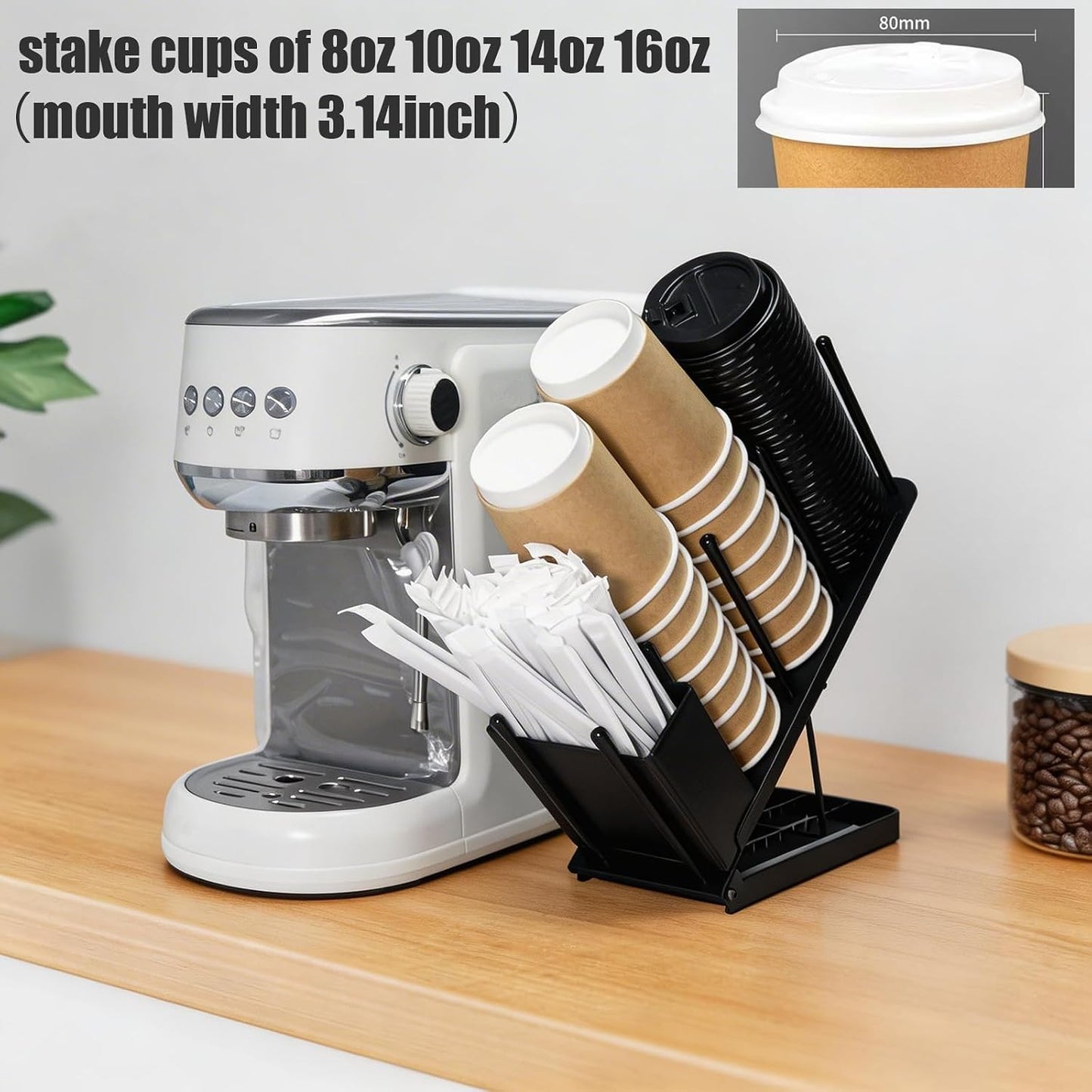 Adjustable Coffee Cup and Lid Holder, Disposable Cup Dispenser Organizer Stand for Countertop Coffee Bar Station, Bakery & Breakroom, Fits 3.14 Inch Cup Mouth (8oz/10oz/14oz/16oz Cups)