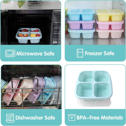 Finorder 6 Pack 4-Compartment Snack Containers, Reusable Food Containers for Kids School, Adults Office, Picnic Trip, Lunch Bento Box Meal Prep Containers (Bright Color Set)