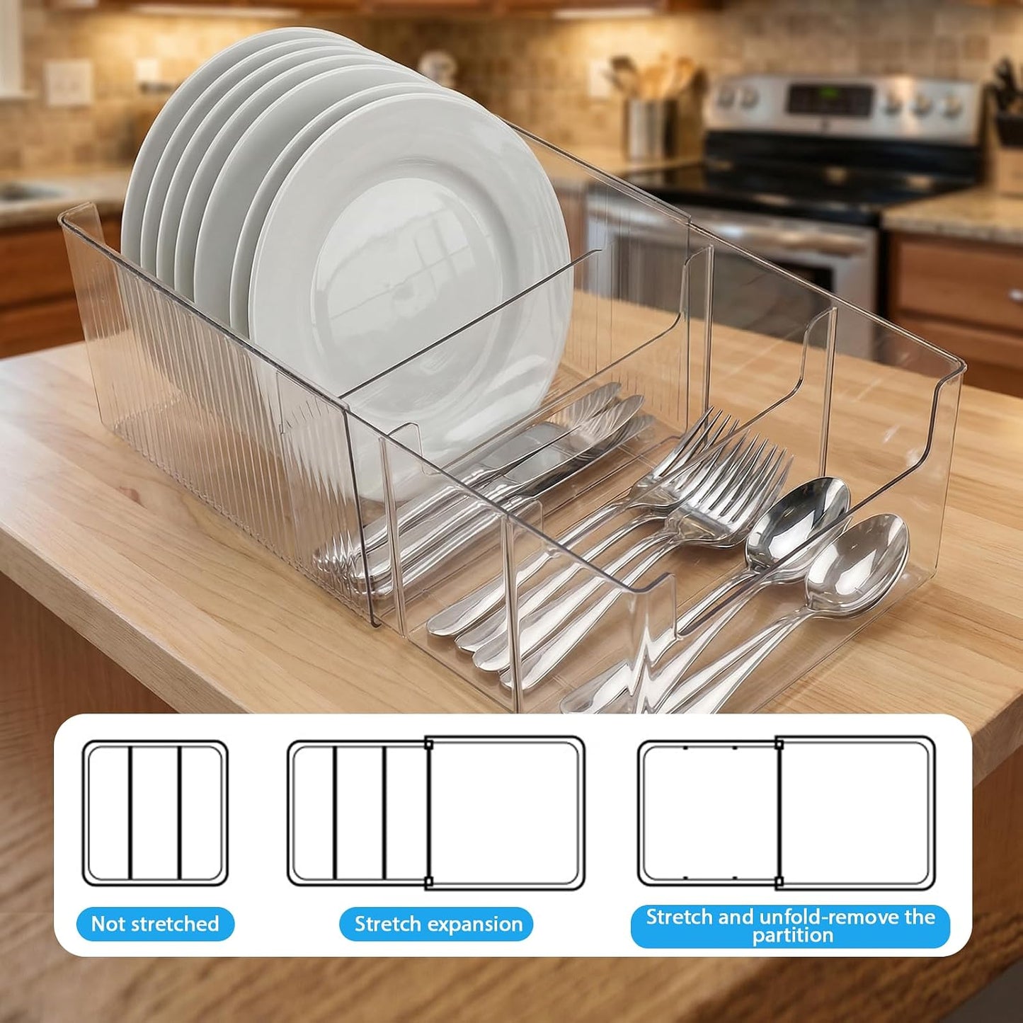 Expandable Dish and Flatware Organizer for Kitchen Countertop, Clear Plate Holder with Removable Divider, Plastic Cutlery Storage Bin for Cabinet Pantry Shelf, Adjustable Dinnerware Caddy