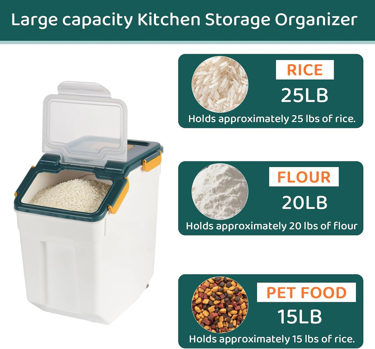 Rice Storage Container 25 lbs, Grey, 2 Pack | Airtight, with Wheels, Locking Lid, Measuring Cup Included, for Flour Sugar Grain Cereal