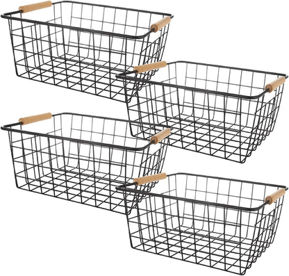 4 Pack Black Metal Wire Storage Baskets, Pantry Baskets for Organizing, Wire Food Storage Basket Organizer with Wooden Handles for Kitchen, Pantry, Freezer - 29 x 22 x 12cm