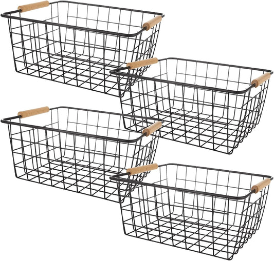 4 Pack Black Metal Wire Storage Baskets, Pantry Baskets for Organizing, Wire Food Storage Basket Organizer with Wooden Handles for Kitchen, Pantry, Freezer - 29 x 22 x 12cm