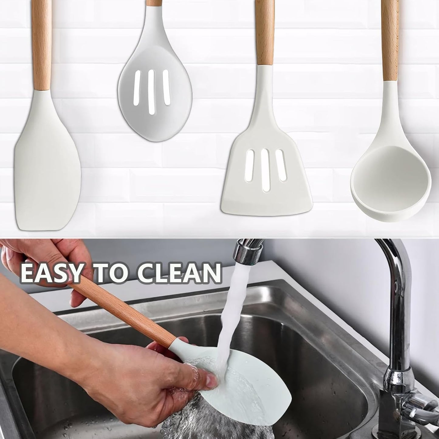 Kitchen Cooking Utensils Set, 6Pcs Silicone Kitchen Utensils Set Spatula Spoon Soup Ladle Turner, Heat Resistant Wooden Handle Silicone Cooking Gadgets for Nonstick Cookware & Baking BPA FREE