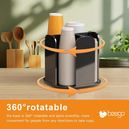 Beego Rotatable 4-Compartment Acrylic Cup Dispenser - Coffee Station Cup and Lid Carousel Countertop Plastic Cup Holder for Restaurant Breakroom Coffee Bar