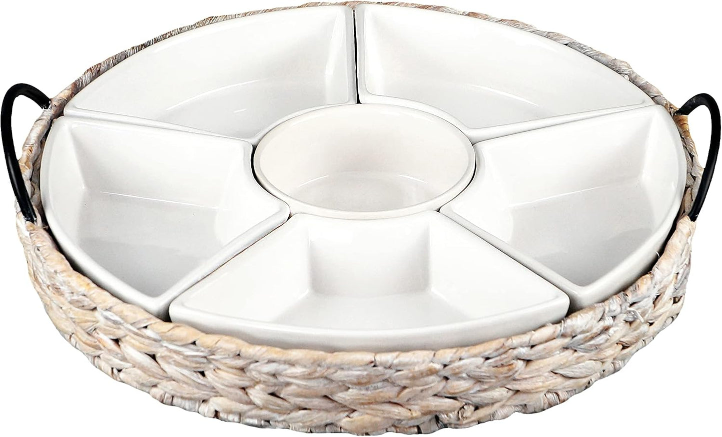 Ceramic Serving Tray, Food Tray 15.5 x 15.5 Inches,Divided Serving Platter with 6 Removable Dishes, Portable Handle Cattail Serving Bowls,Perfect for or Chips and Dip,Natural