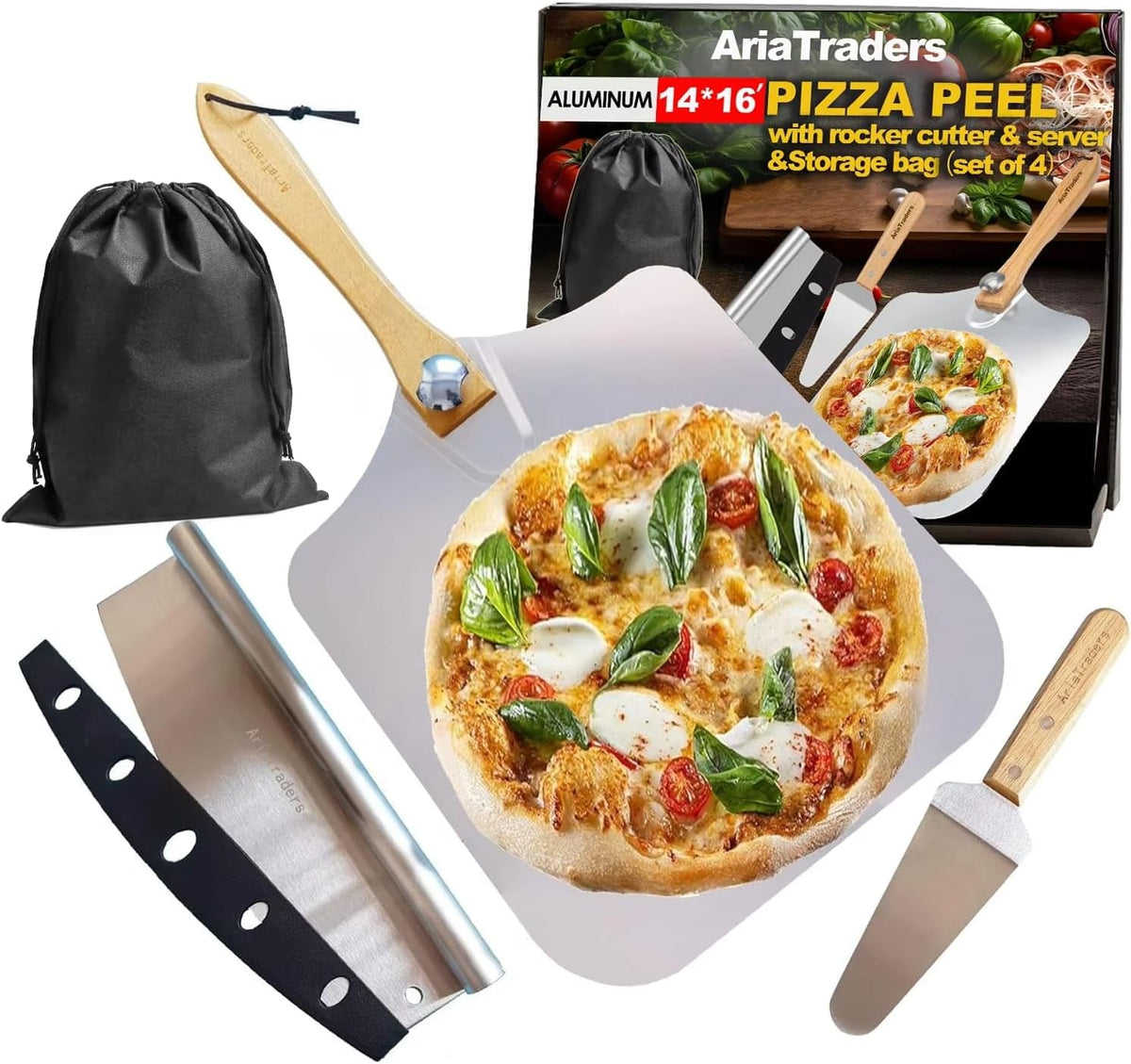 Aluminum Metal Pizza Peel 16 Inch, Extra Large Pizza Paddle 14"X16" with 14’’ Rocker Pizza Cutter, Pizza Server & Storage Bag, Foldable Wooden Handle Pizza Spatula Paddle for Indoor & Outdoor Ovens