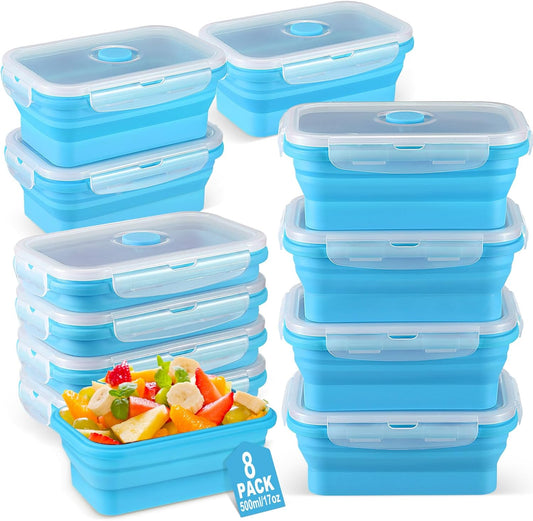 Mifoci Set of 8 Silicone Collapsible Bowls for Camping with Vent Lid Silicone Storage Containers for Food Meal Preparation Square Bowl Microwave Freezer Dishwasher Safe(Blue,17 Oz/ 500 ml)