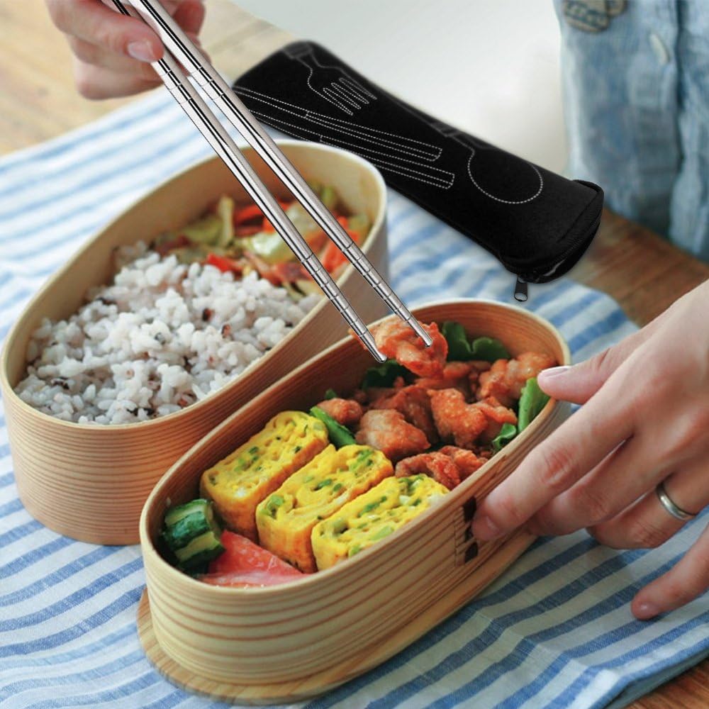 SENHAI 8 Pieces Flatware Sets Knife, Fork, Spoon, Chopsticks, 2 Pack Rustproof Stainless Steel Tableware Dinnerware with Carrying Case for Traveling Camping Picnic Working Hiking