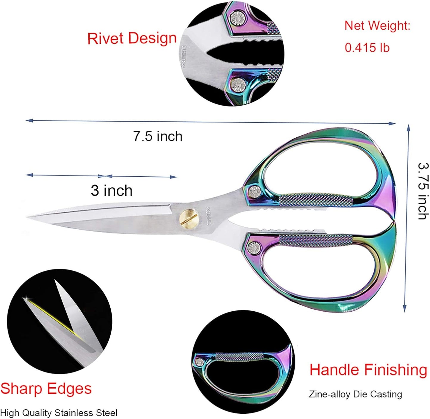 7.5in Stainless Steel Kitchen Scissors, Heavy Duty Shears for Chicken, Meat, Food, Vegetables, BBQ (Silver)