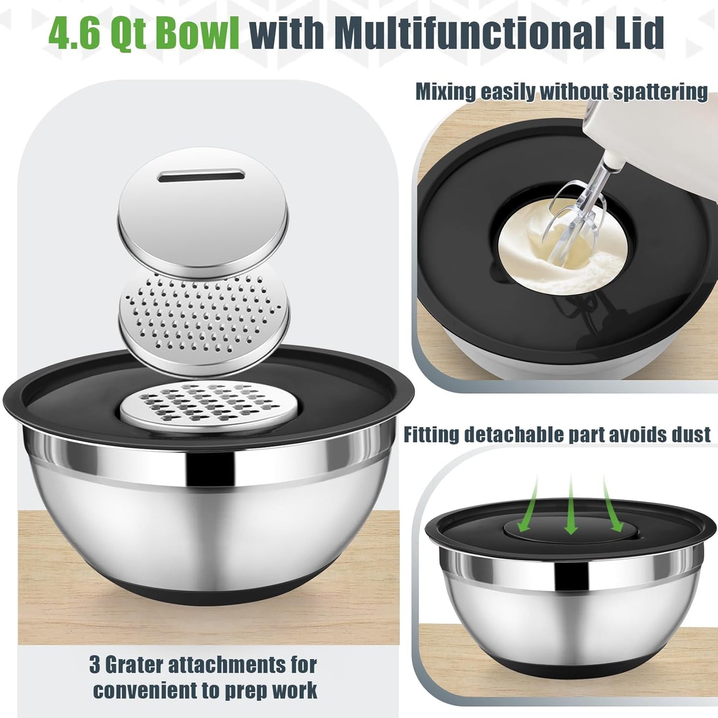 P&P CHEF Mixing Bowl with Lids Set of 3, Stainless Steel Nesting Salad Bowls for Serving Preparing, 3 Grater Attachments & Non-Slip Bottoms, Size 1.5/2.6/4.6 QT, Khaki