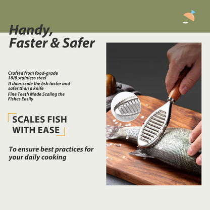 Stainless Steel Fish Scale Remover, Manual Fish Scaler with Wood Handle