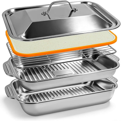 Grilling Prep and Serve Trays with Upgraded Lid, Stainless Steel Extra Large Grill Carry System, Deep Marinating Container with Cutting Board for BBQ Outdoor Grilling