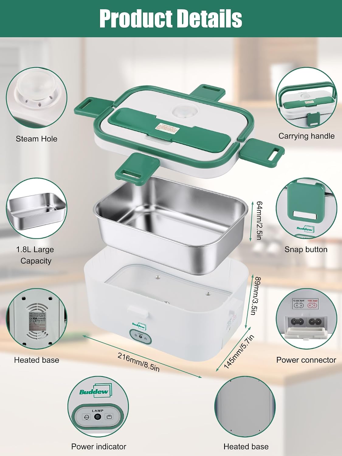Buddew Electric Lunch Box for Adults, 80W Heated Lunch Box 1.8L Stainless Steel Portable Food Warmer,12/24/110V Lonchera Electrica Portatil for Travel & Work, Loncheras para Hombres de Trabajo