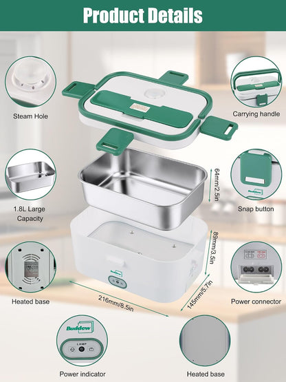 Buddew Electric Lunch Box for Adults, 80W Heated Lunch Box 1.8L Stainless Steel Portable Food Warmer,12/24/110V Lonchera Electrica Portatil for Travel & Work, Loncheras para Hombres de Trabajo