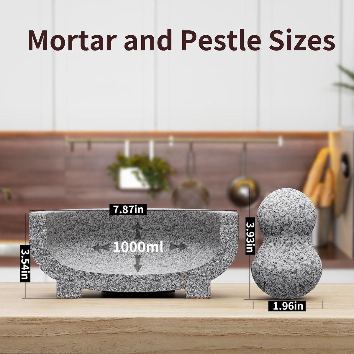 Large Mortar and Pestle Set- 4 Cup Unpolished Granite Bowl Heavy Duty Molcajete Mexicano Guacamole Pastes Pestos Salsa Bowl, Grind Seeds, Herbs, Pills, Kitchen Lab Muddler, Gray, 8 Inches