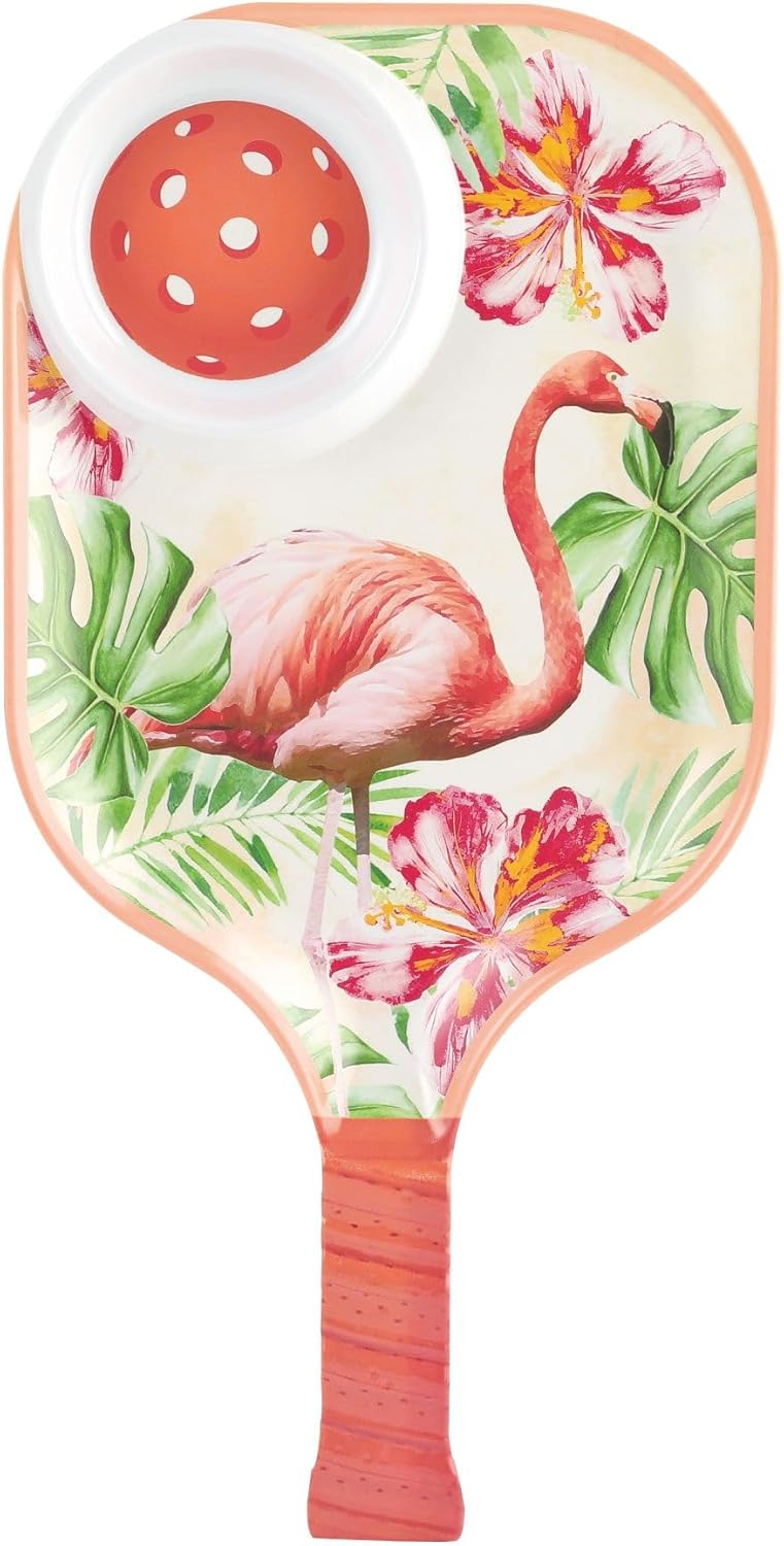 UPware Flamingo Melamine Chip and Dip Snack Tray, Tropical Floral Pickleball Paddle Shape Platter for Chips, Salsa, Fruits, and Appetizers, 15.75 x 8 Inch