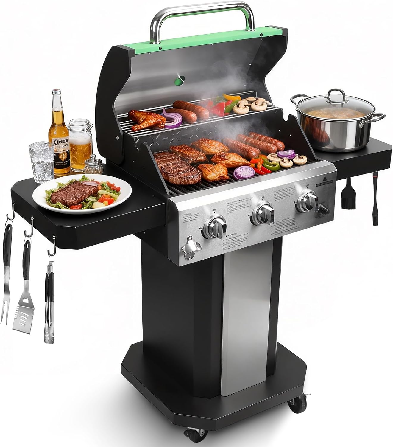 Redlife 3 Burner Propane Gas Grill, 30,000 BTU Outdoor BBQ Grill with Cast Iron Cooking Grates, Stainless Steel Warming Rack, Built-in Thermometer, Side Shelves, Removable Grease Tray, Yellow