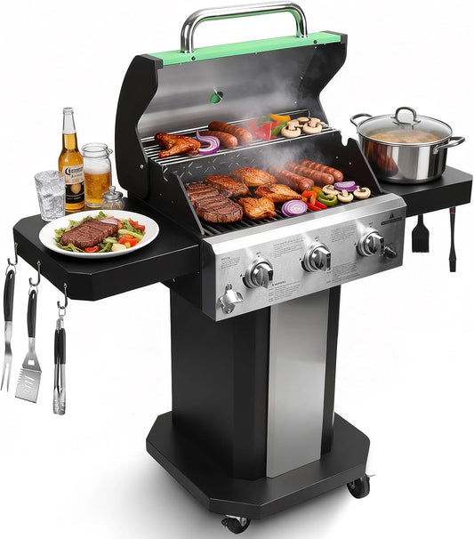 Redlife 3 Burner Propane Gas Grill, 30,000 BTU Outdoor BBQ Grill with Cast Iron Cooking Grates, Stainless Steel Warming Rack, Built-in Thermometer, Side Shelves, Removable Grease Tray, Yellow
