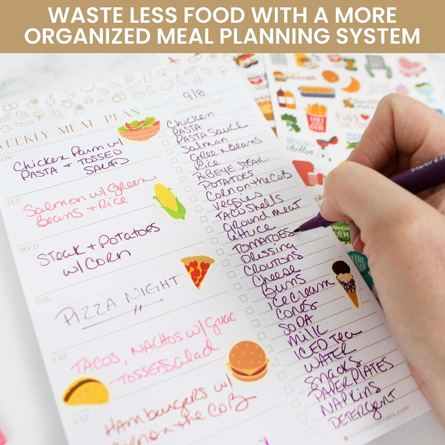 bloom daily planners Weekly Meal Planning Pad - Magnetic Hanging Refrigerator Menu Planner with Tear-Off Sheets & Perforated Grocery Shopping Lists - 6” x 9” (Grey & Pink)