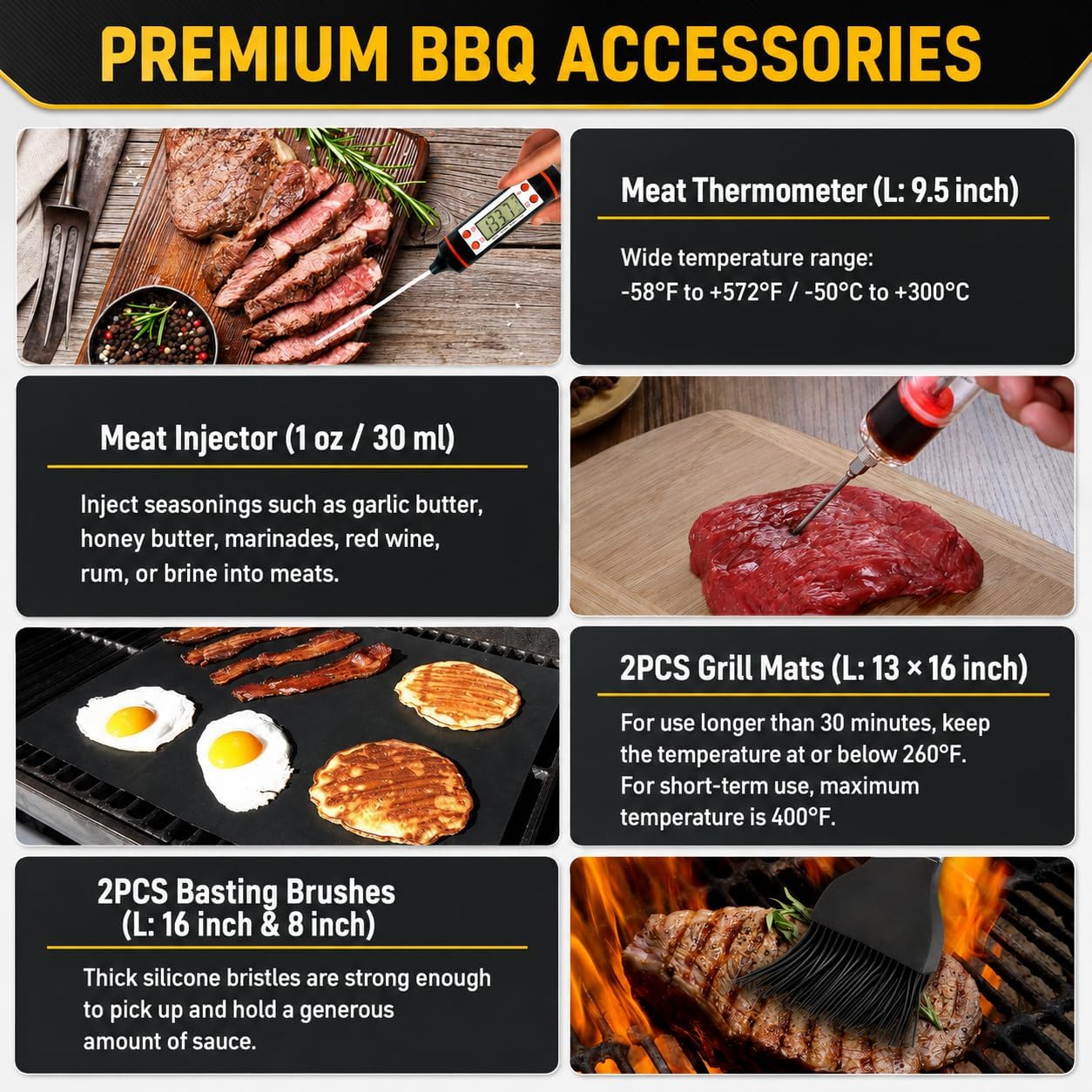 34Pcs Grill Accessories Grilling Gifts for Men, 16 Inches Heavy Duty BBQ Accessories, Stainless Steel BBQ Tools with Thermometer, Grill Mats for Backyard, BBQ Gifts Set for Men Women