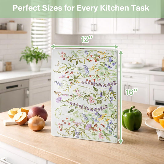 WRINGKIT Set of 2 Floral Tempered Glass Cutting Board, 12x16" Chopping Board with Non-slip Feet, Large Glass Kitchen Countertop Protector, Food Prep Serving, Scratch-Resistant, Easy to Clean
