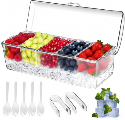 Large Ice Chilled Condiment Caddy，Chilled Condiment Containers Server with Lids for 5 Removable Compartments ，Serving Platters , Fruit & Garnish Tray for Party Supplies & Bar Accessories-Transparent