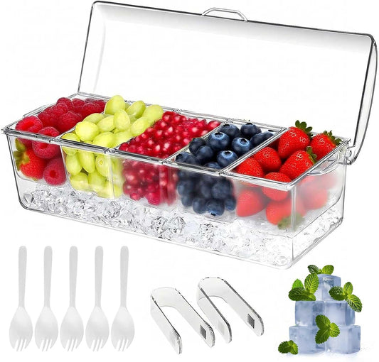 Large Ice Chilled Condiment Caddy，Chilled Condiment Containers Server with Lids for 5 Removable Compartments ，Serving Platters , Fruit & Garnish Tray for Party Supplies & Bar Accessories-Transparent