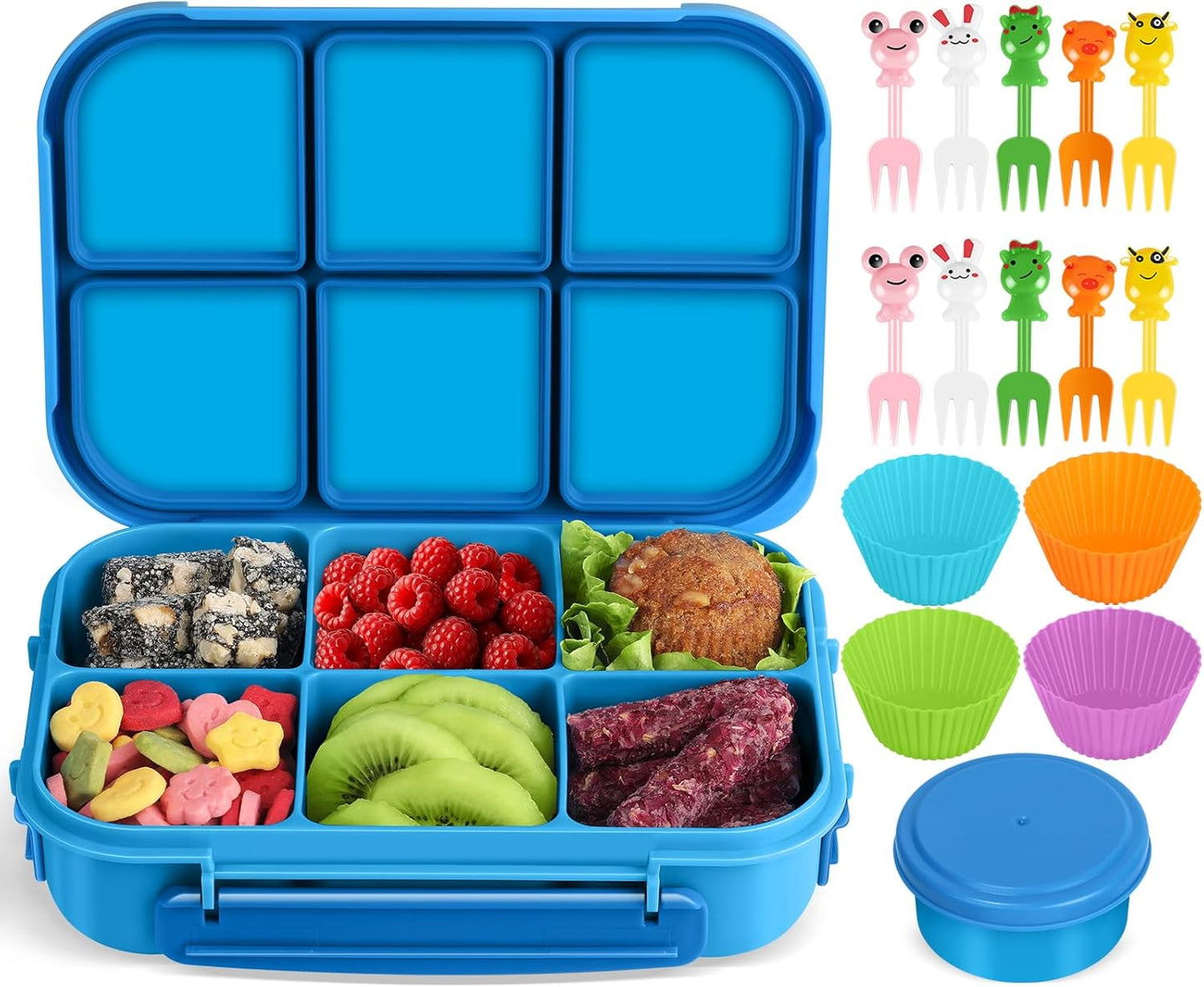 Amathley Lunch Box Kids Girls Boys,Bento Box Adult,Toddler Lunch Containers for School,Leakproof Snack Containers with 6 Compartments,Sauce Container,10 Food Picks and 4 Muffin Cups (Green)