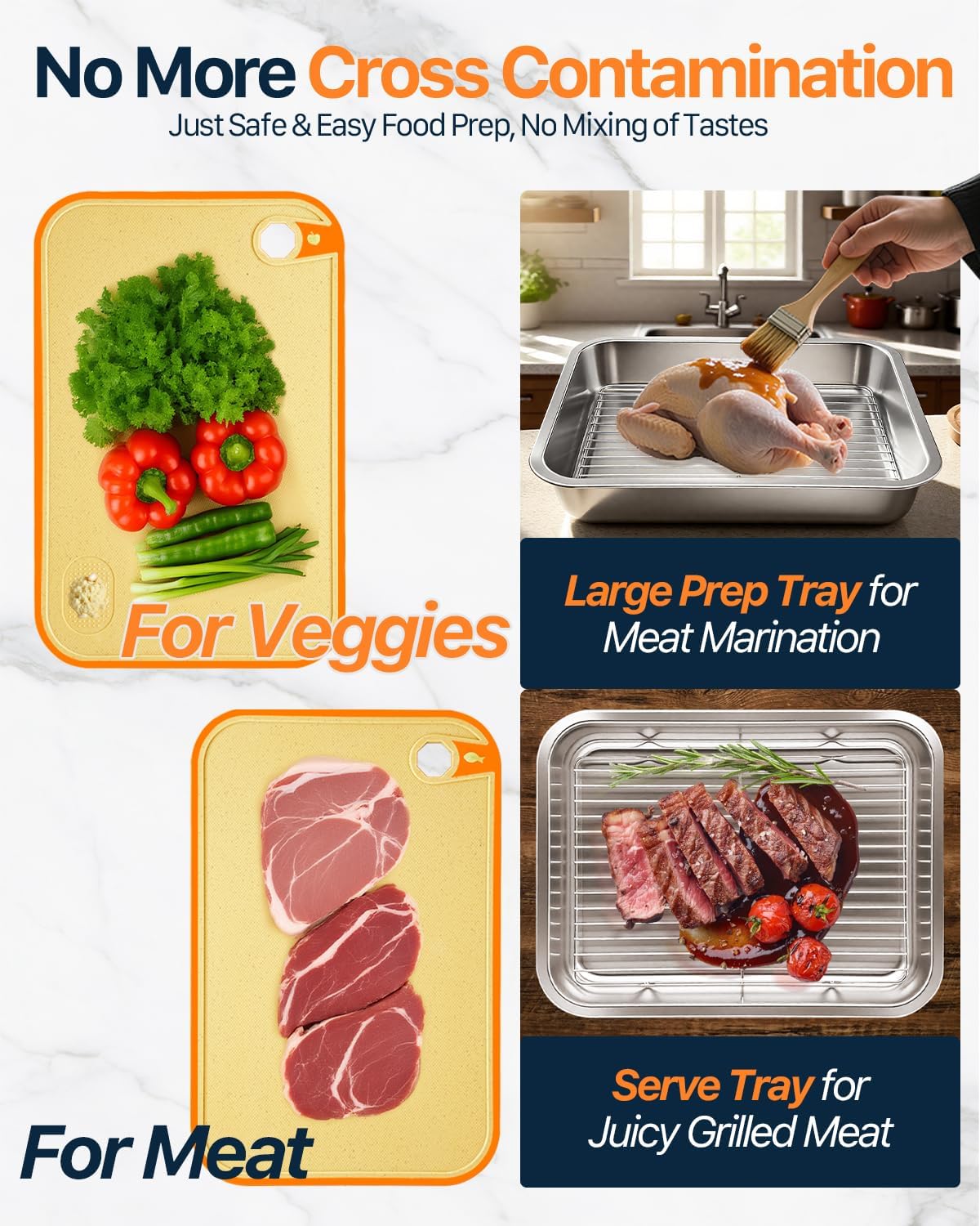 Grilling Prep and Serve Trays with Lid, Stainless Steel Extra Large Grill Carry System, Deep Marinating Container with Cutting Board for BBQ Outdoor Grilling