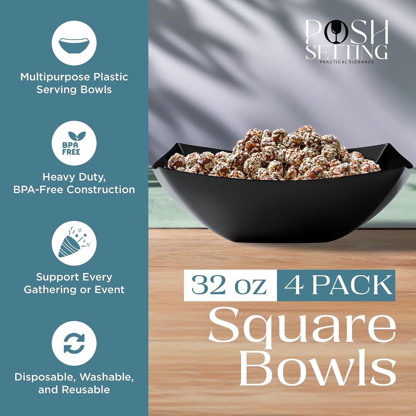 Posh Setting - White Plastic Square Serving Bowls for Party (16oz - 4 Pack), Disposable & Candy Containers for Party Table & Buffet