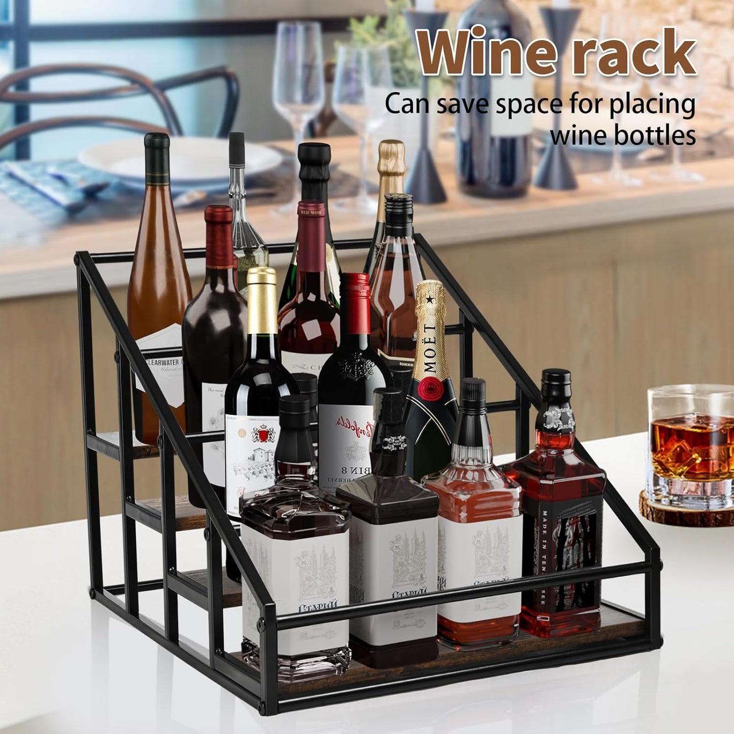 YQBRAO Coffee Syrup Rack Organizer,Liquor Bottle Display Shelf,2-Tier 4 Bottle Stand for Coffee Bar, Kitchen Station, Liquor, Wine, Dressing,Rustic Brown