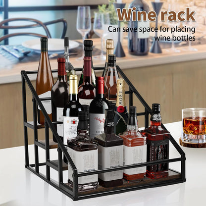 YQBRAO Coffee Syrup Rack Organizer,Liquor Bottle Display Shelf,2-Tier 4 Bottle Stand for Coffee Bar, Kitchen Station, Liquor, Wine, Dressing,Rustic Brown