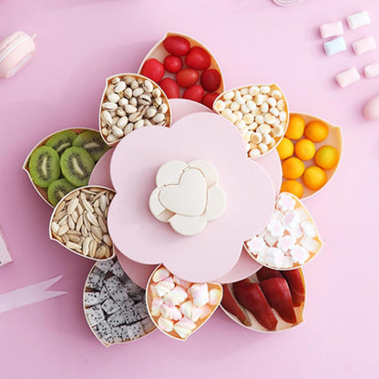 Snack Spinner, Divided Serving Tray - Flower Shape Rotating Snack Container with Lid & Phone Holder Multi-Compartment Snackle Box for Candy, Fruits, Nut, Rotating Container