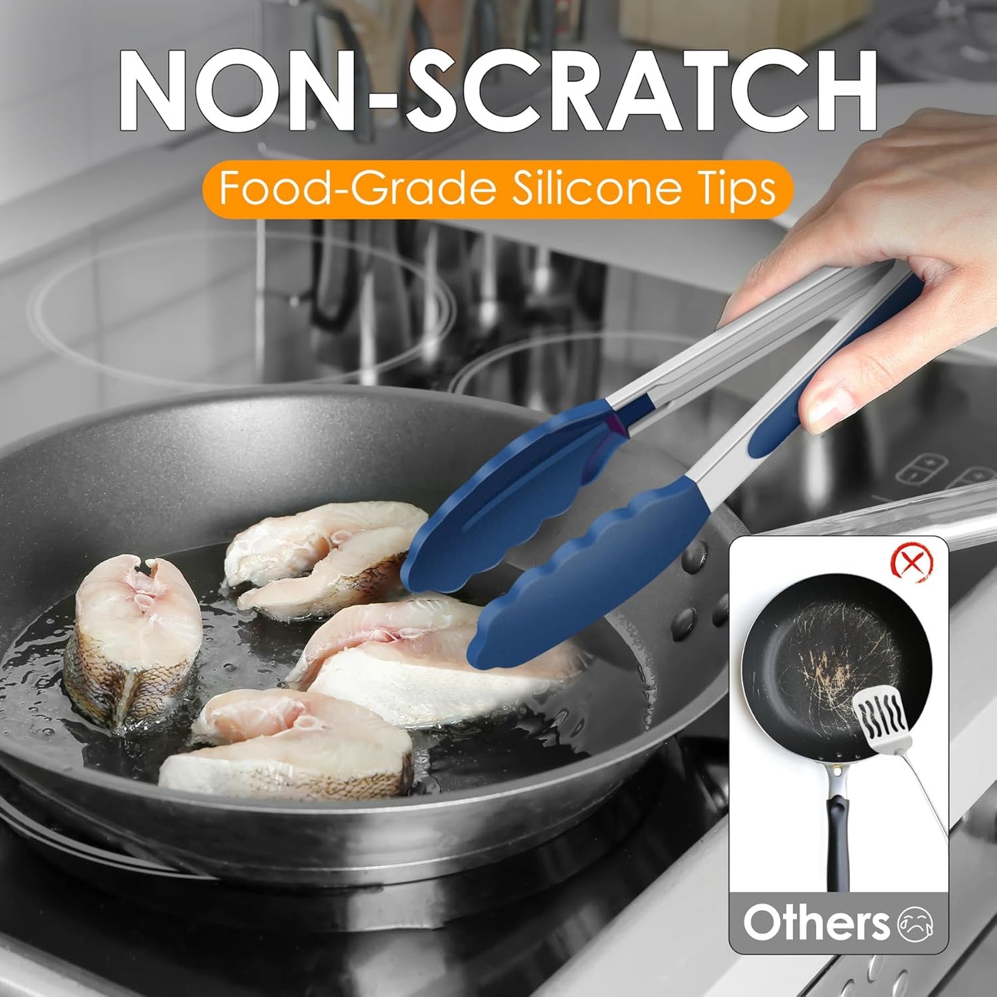 HOTEC Premium Stainless Steel Locking Kitchen Tongs with Silicon Tips, Set of 2-9" and 12"