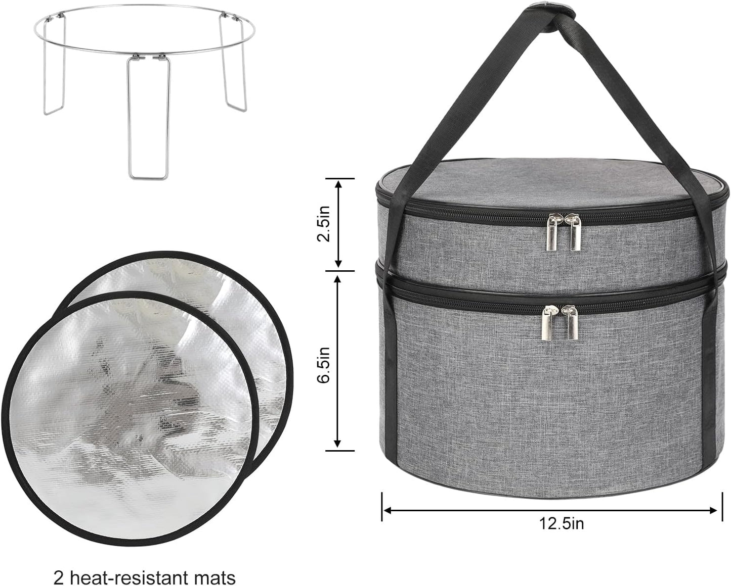 Insulated Casserole Carrier for Hot or Cold Food, Round Pie Carrier with Metal Support, Dish Carrier Food Container, Transport Pie Holders Pie Carrying Case, 2 Tiers, Gray