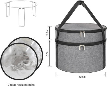 Insulated Casserole Carrier for Hot or Cold Food, Round Pie Carrier with Metal Support, Dish Carrier Food Container, Transport Pie Holders Pie Carrying Case, 2 Tiers, Gray