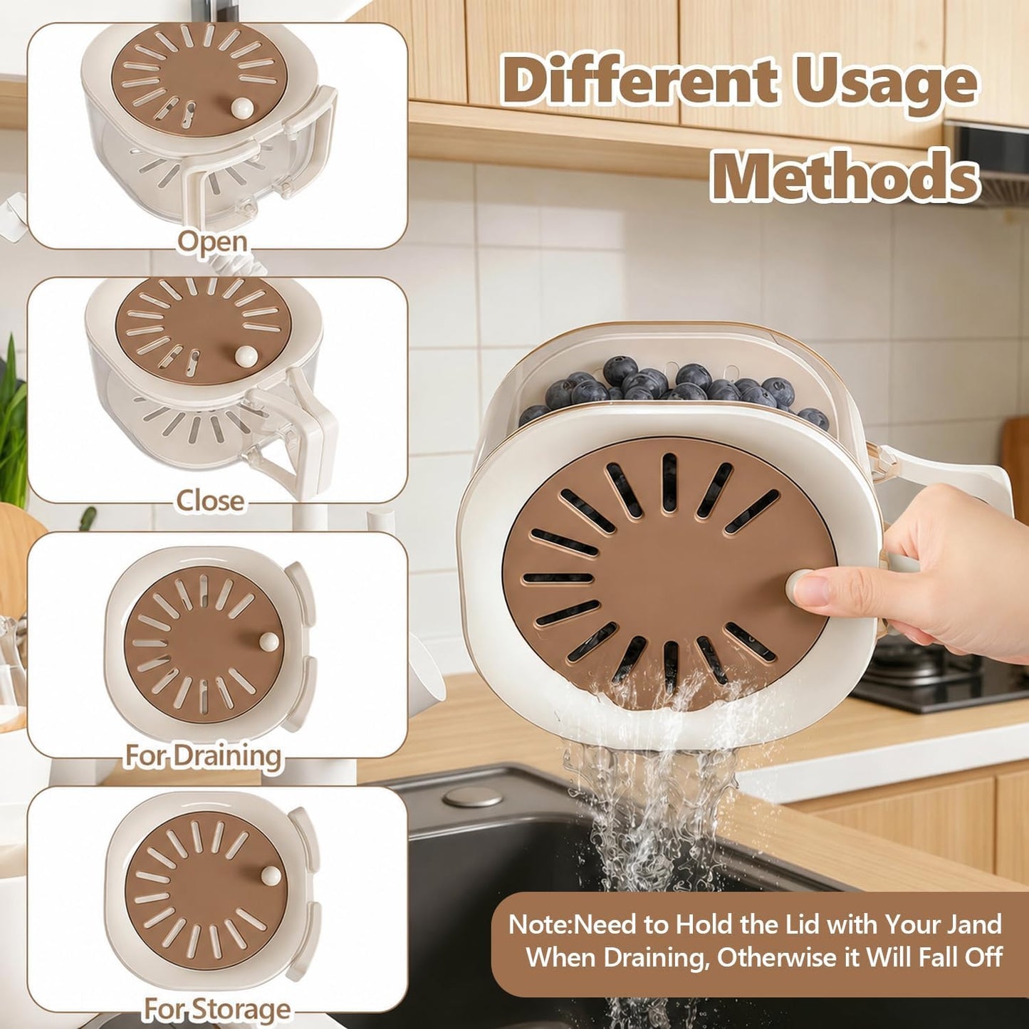 2PCS Fruit Washer with Strainer - Draining and Preservation Basket Fruit Washing Bowl Fridge Berry Container,Folding Handel for Kitchen,Outdoor